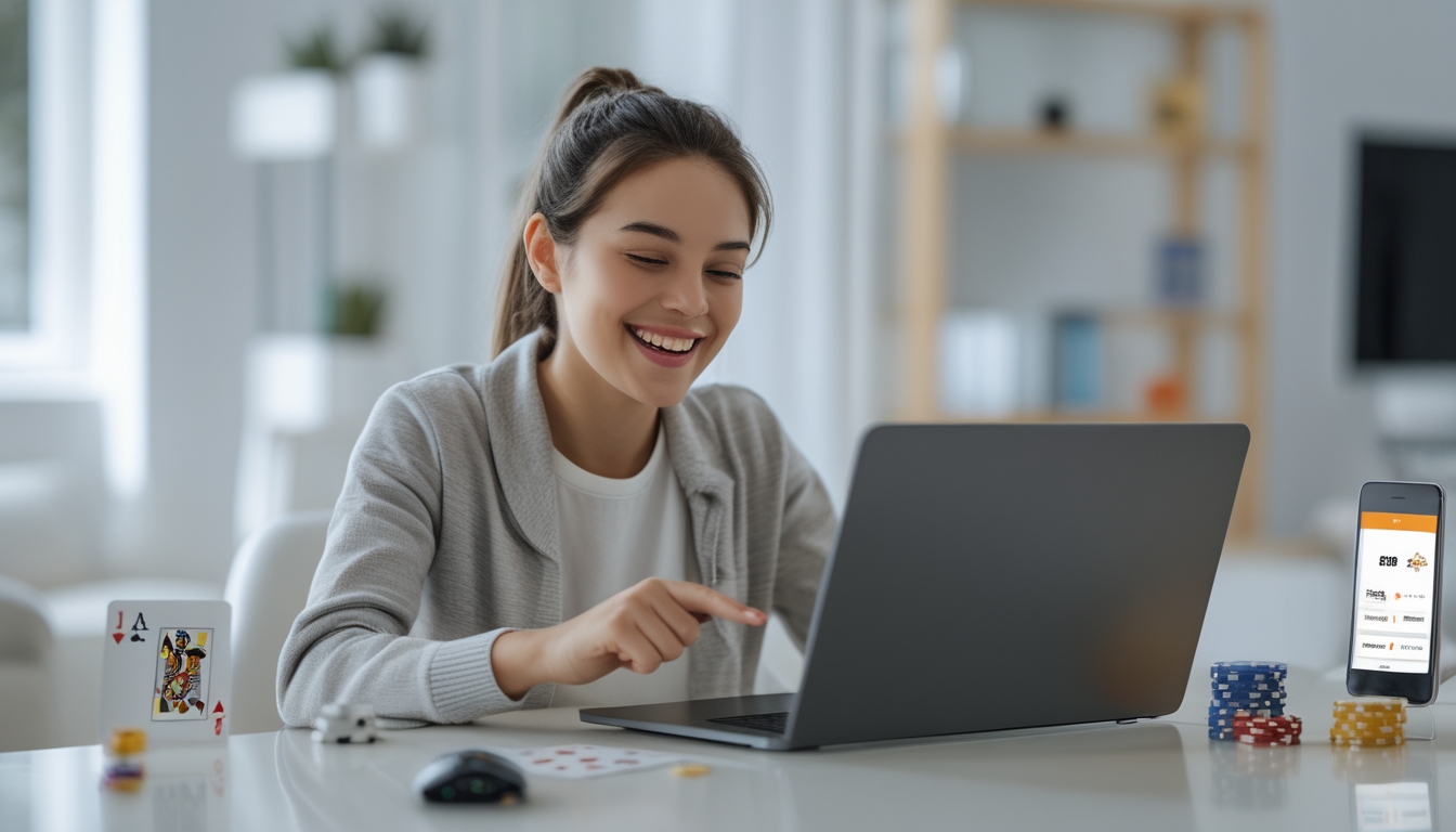 Orang muda tersenyum bermain judi online di laptop di meja yang rapi dan terang.