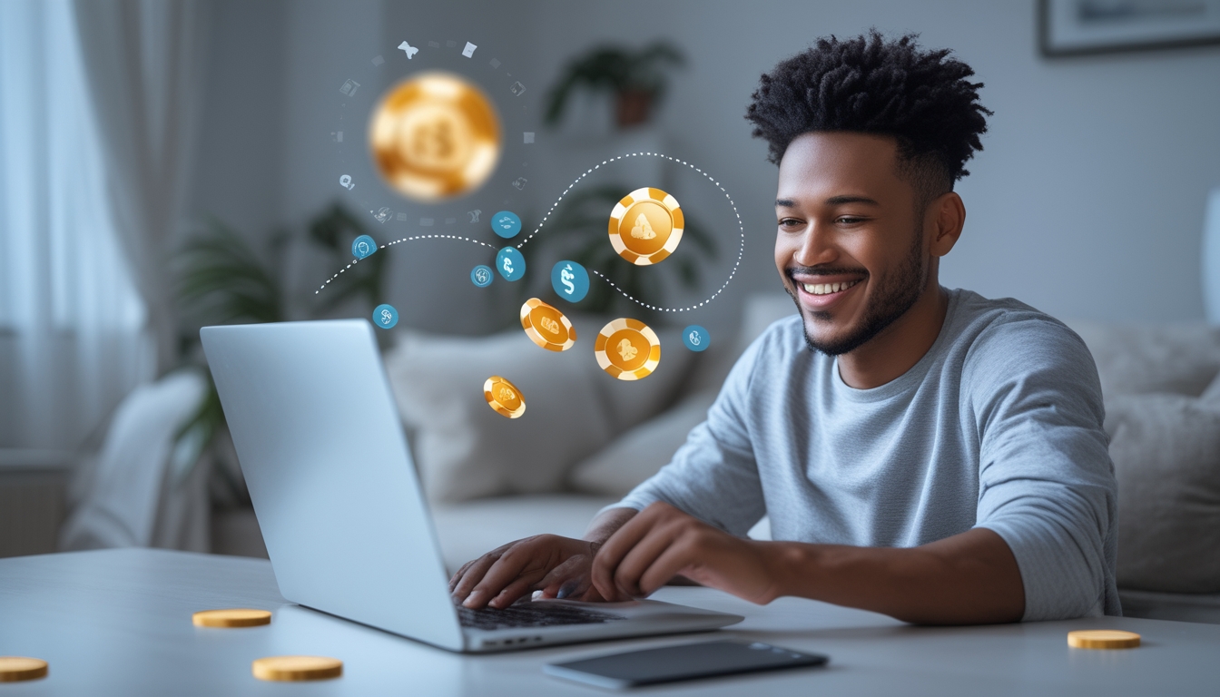 Seorang pemula muda yang percaya diri sedang bermain judi online di laptop di rumah dengan ekspresi senang dan fokus.