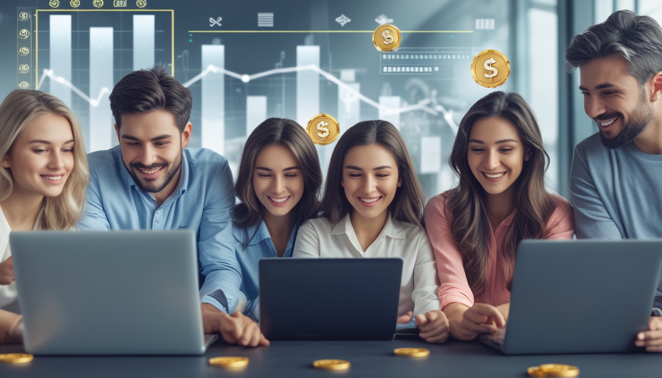 Sekelompok orang menggunakan perangkat digital untuk berjudi online dengan ekspresi fokus dan senang di ruangan modern.