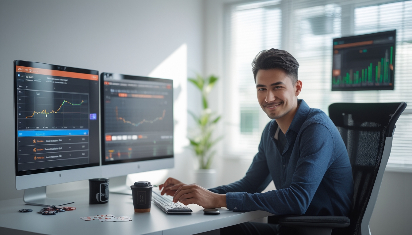 Seorang pria muda duduk di depan komputer dengan layar menampilkan permainan judi online dan grafik kemenangan, di sebuah ruang kerja rumah yang terang dan rapi.