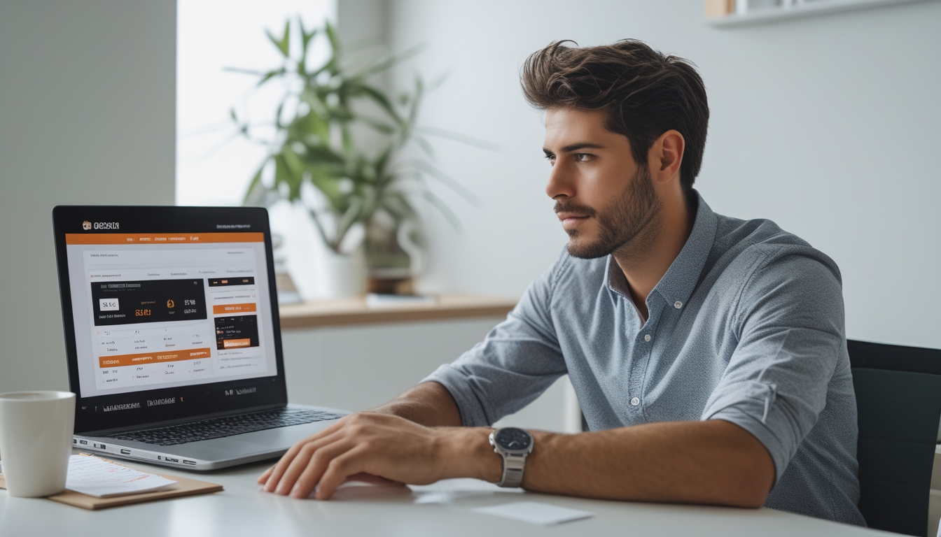 Seorang pria muda duduk di meja dengan laptop, fokus pada layar yang menampilkan situs judi online, dengan suasana yang tenang dan profesional.