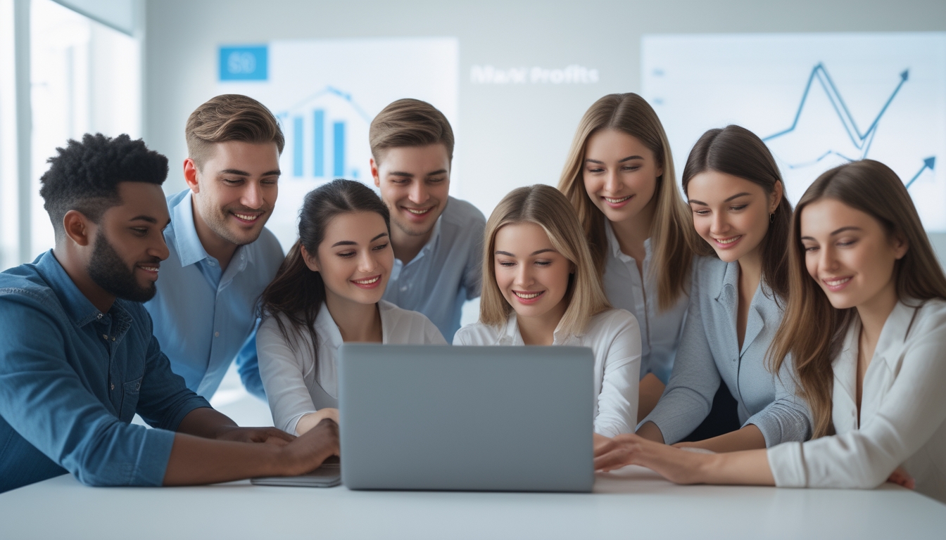 Sekelompok orang muda sedang menggunakan perangkat digital untuk berjudi online tanpa potongan dengan ekspresi fokus dan puas di ruang kerja modern.