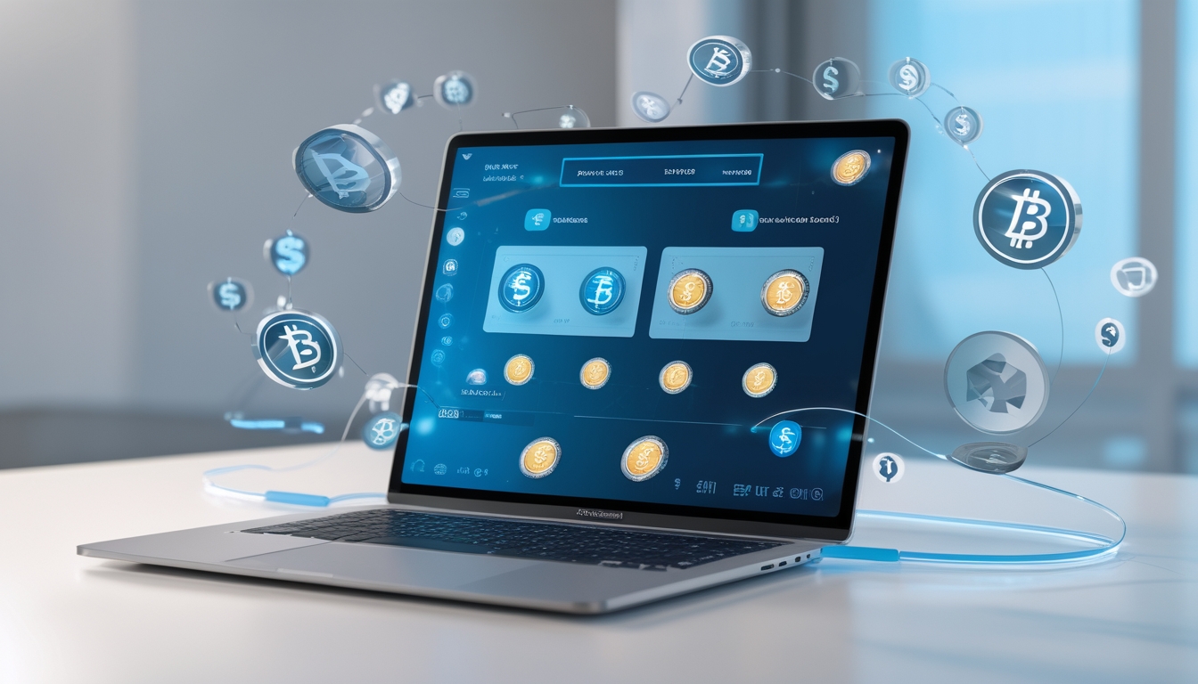 Seseorang menggunakan perangkat digital dengan ikon uang dan transaksi mengambang di sekitarnya, menggambarkan mekanisme transaksi finansial tanpa potongan dalam sistem judi online.