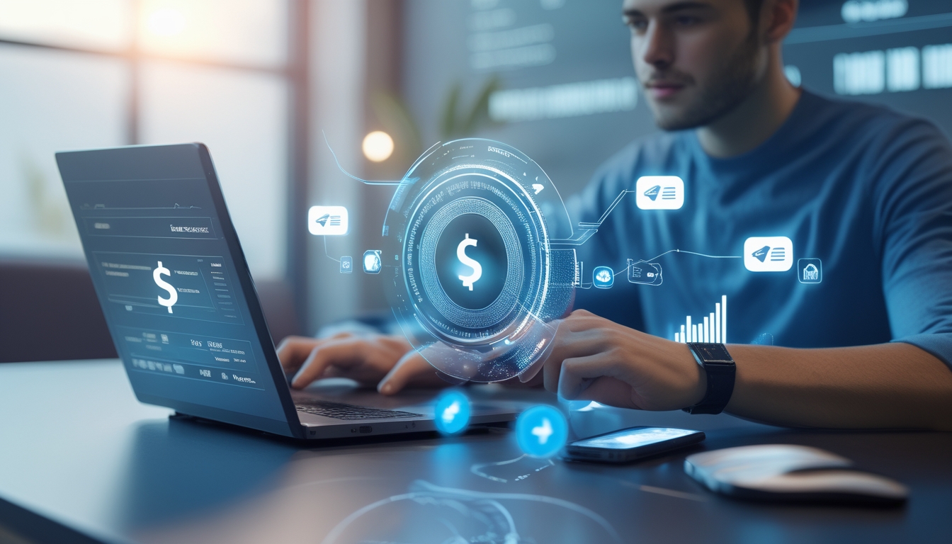 Seorang dewasa muda menggunakan laptop dan ponsel di meja dengan ikon transaksi digital mengelilinginya, menunjukkan proses deposit cepat dalam judi online.