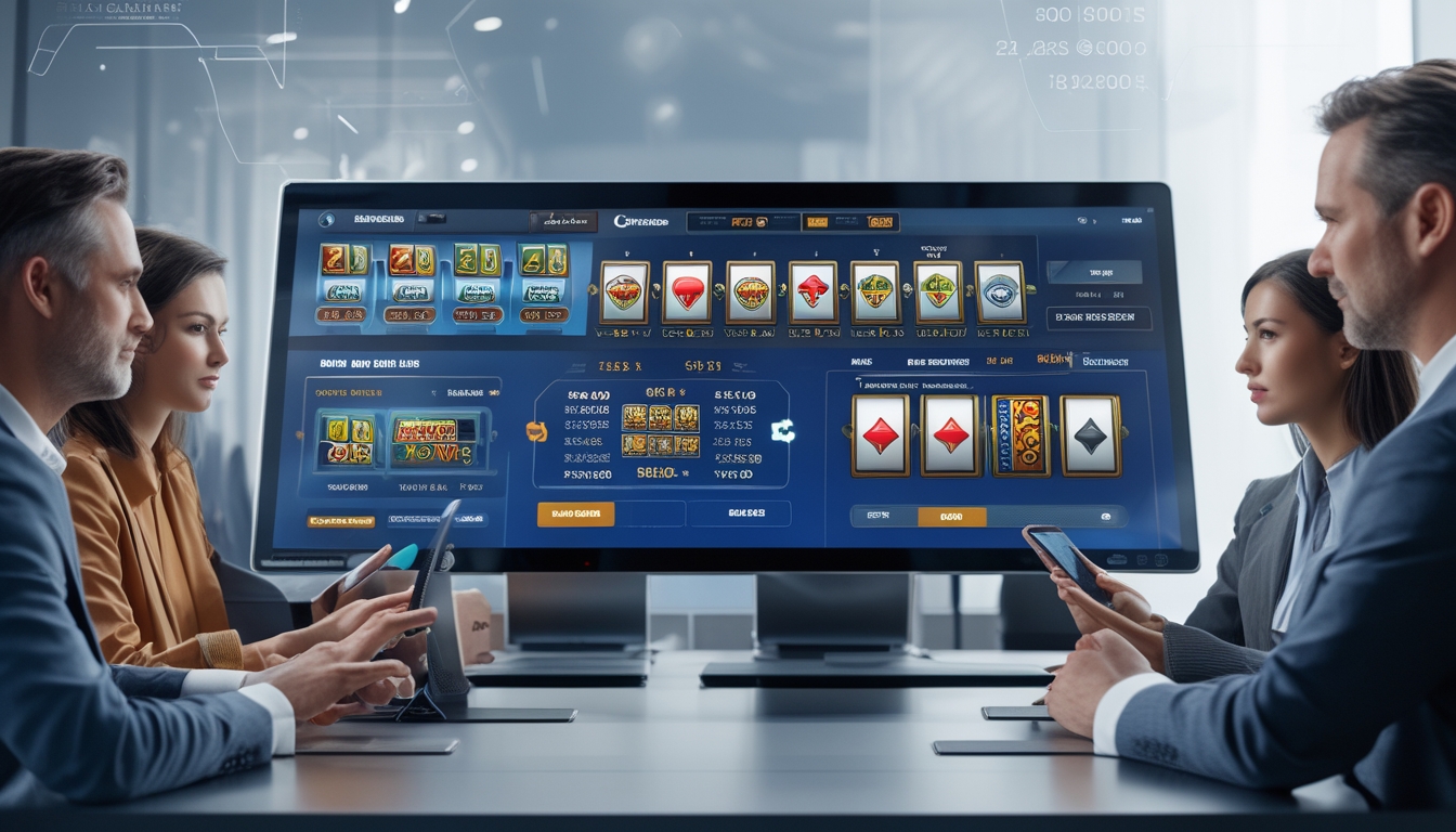 Beberapa orang menggunakan komputer dengan tampilan permainan judi online di ruang kerja modern.