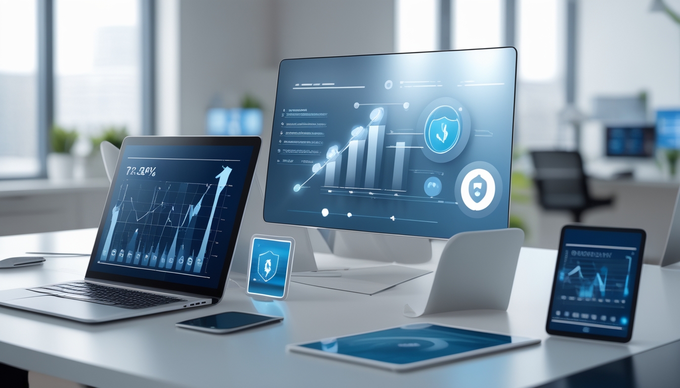 Meja kerja modern dengan beberapa perangkat digital yang menampilkan grafik dan ikon keamanan, menggambarkan transaksi cepat dan situs judi online terpercaya.