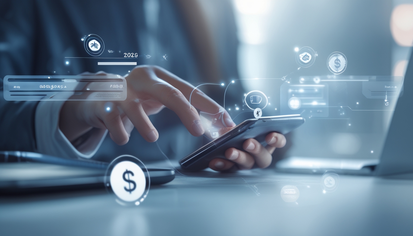 Seorang pengguna memegang ponsel pintar dengan tampilan transaksi deposit cepat di layar, dikelilingi ikon digital yang menunjukkan transfer uang dan dompet digital.