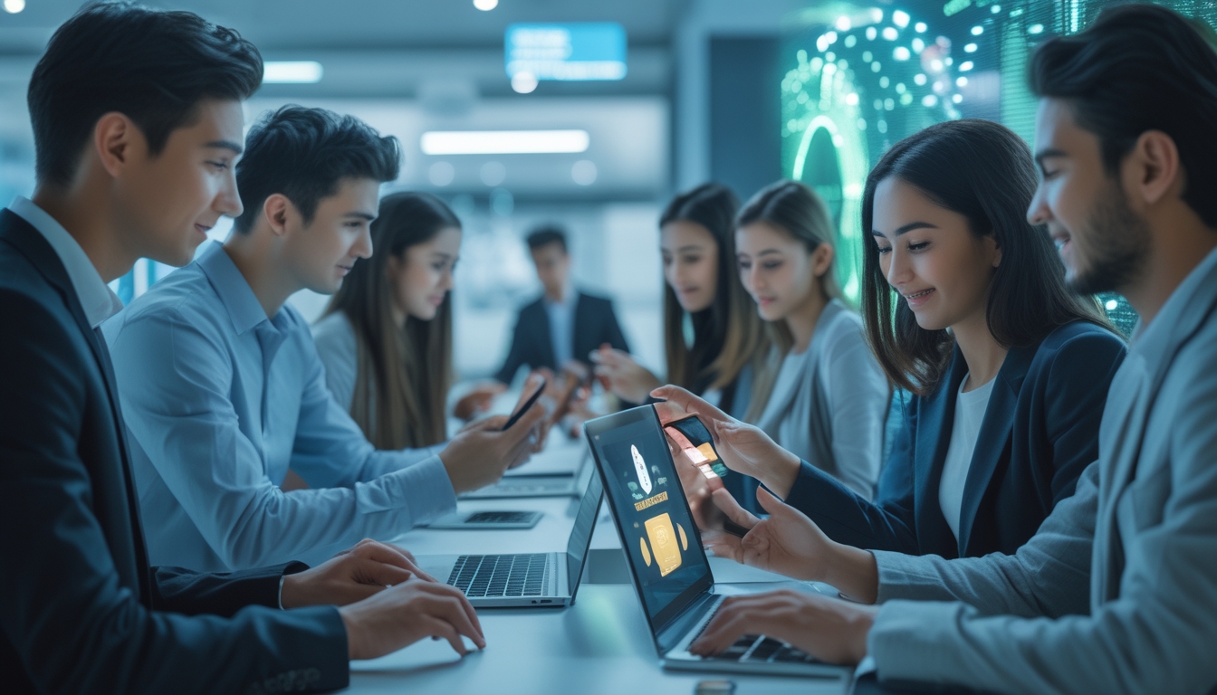 Beberapa orang muda menggunakan perangkat digital dalam ruangan modern yang terang, menunjukkan aktivitas bermain judi online dengan proses deposit cepat.