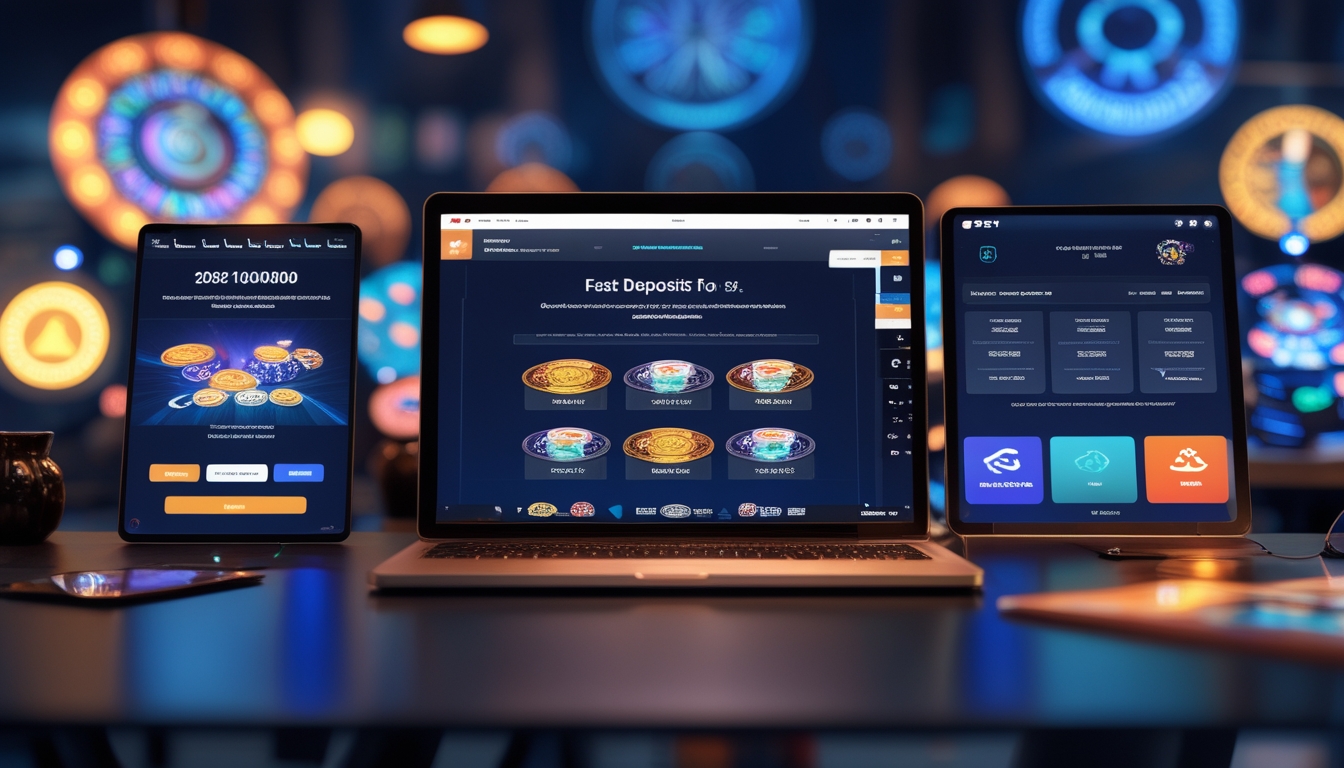 Seorang pengguna sedang menggunakan beberapa perangkat digital yang menampilkan permainan judi online dan transaksi deposit cepat di lingkungan kerja yang modern.