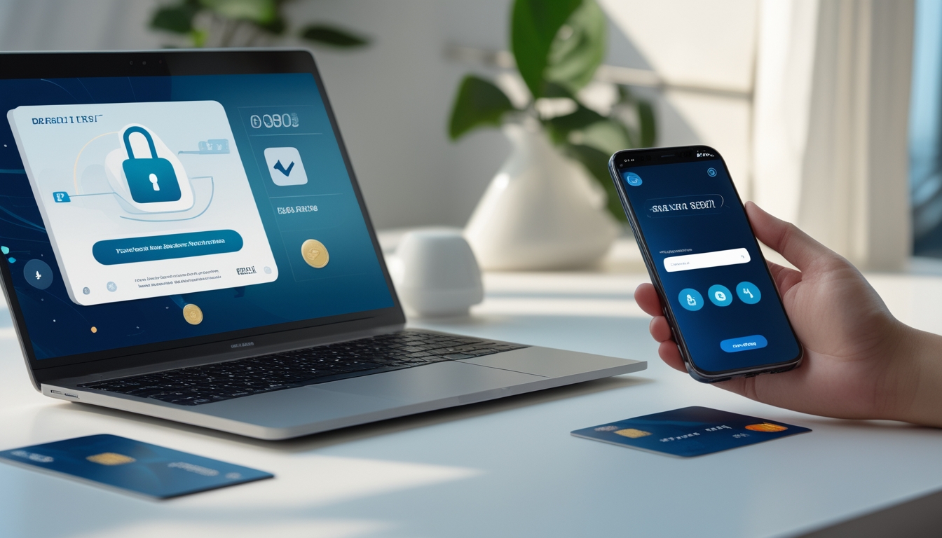 Meja kerja dengan laptop, ponsel, dan kartu kredit yang menunjukkan proses deposit online cepat dan aman.