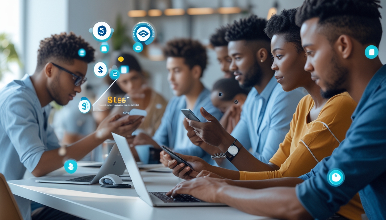 Beberapa orang muda menggunakan ponsel dan laptop di ruang modern, melakukan transaksi online cepat dengan aplikasi e-wallet.