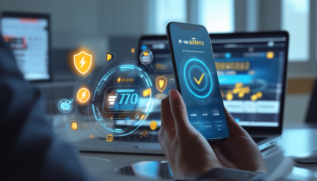 Sebuah smartphone menampilkan aplikasi e-wallet dengan ikon kecepatan dan keamanan, di depan layar laptop yang menampilkan situs judi online.