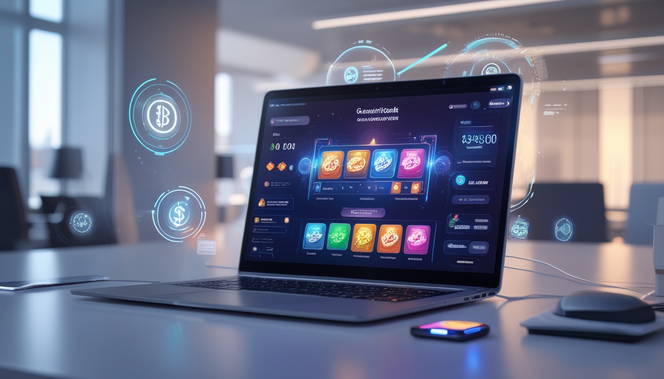 Seorang pengguna sedang menggunakan komputer dengan antarmuka kasino online yang modern dan elemen digital yang menunjukkan sistem transaksi cepat dan otomatis.