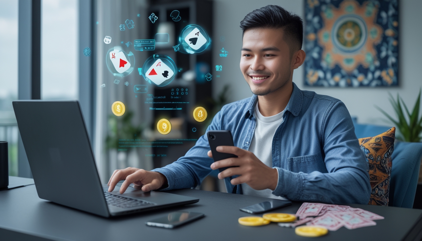 Seorang pria muda Indonesia menggunakan laptop dan ponsel di ruang kerja modern dengan dekorasi batik, menunjukkan aktivitas judi online.