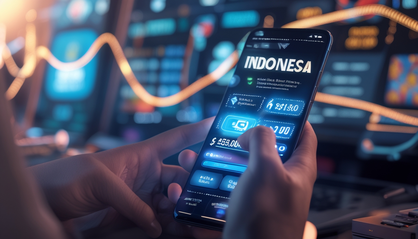 Tangan seseorang menggunakan ponsel dengan tampilan transaksi cepat di layar, latar belakang suasana kasino online dengan sentuhan budaya Indonesia.