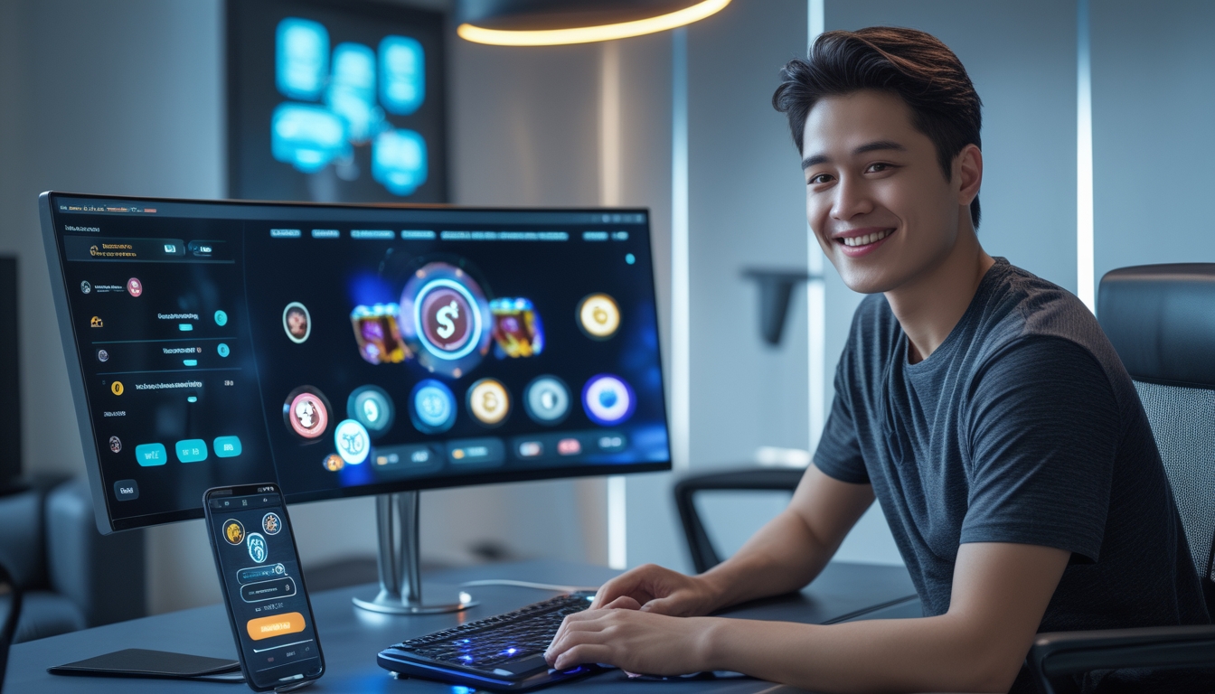 Seorang pemain muda sedang menggunakan perangkat digital di meja dengan layar menampilkan permainan poker online dan aplikasi pembayaran dalam suasana ruangan modern.
