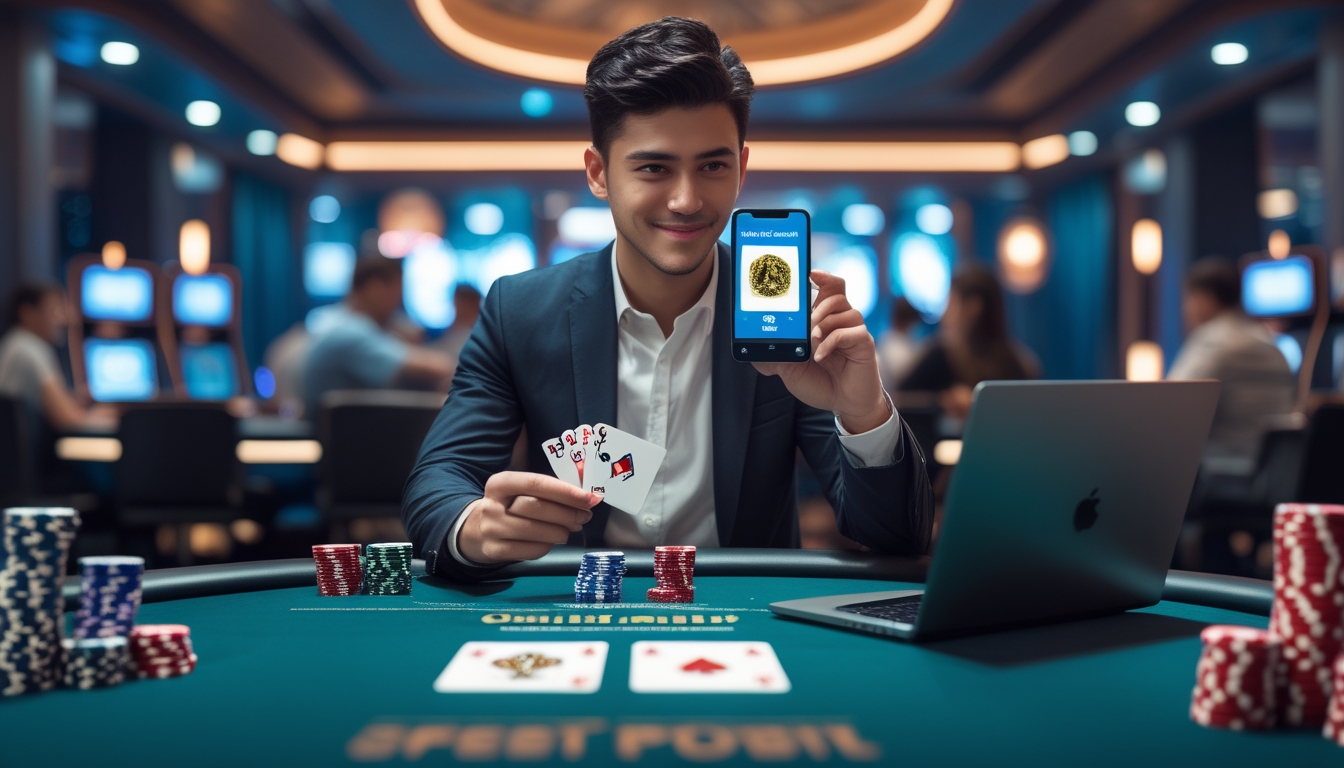 Seorang pria muda duduk di meja poker dengan kartu dan smartphone yang menampilkan aplikasi pembayaran online, di latar belakang suasana kasino yang ramai.