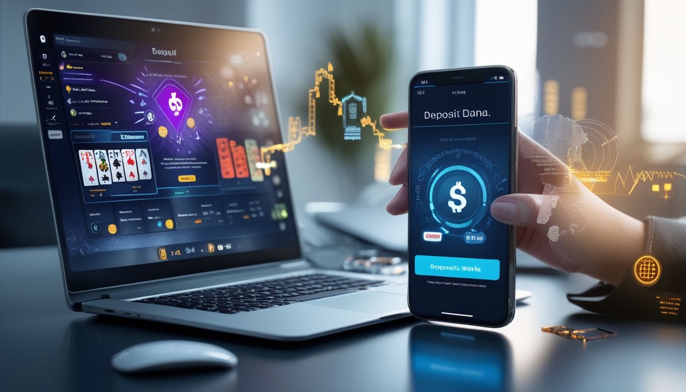 Seorang pria menggunakan laptop dan ponsel untuk bermain poker online dan melakukan deposit dana secara digital.