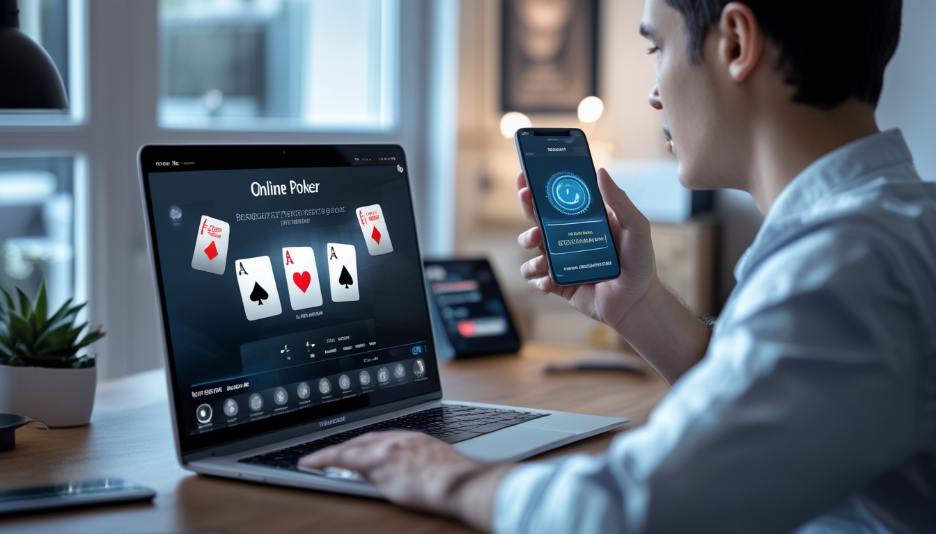Seorang pemula bermain poker online menggunakan laptop di ruang kerja modern dengan smartphone yang menampilkan aplikasi dompet digital.