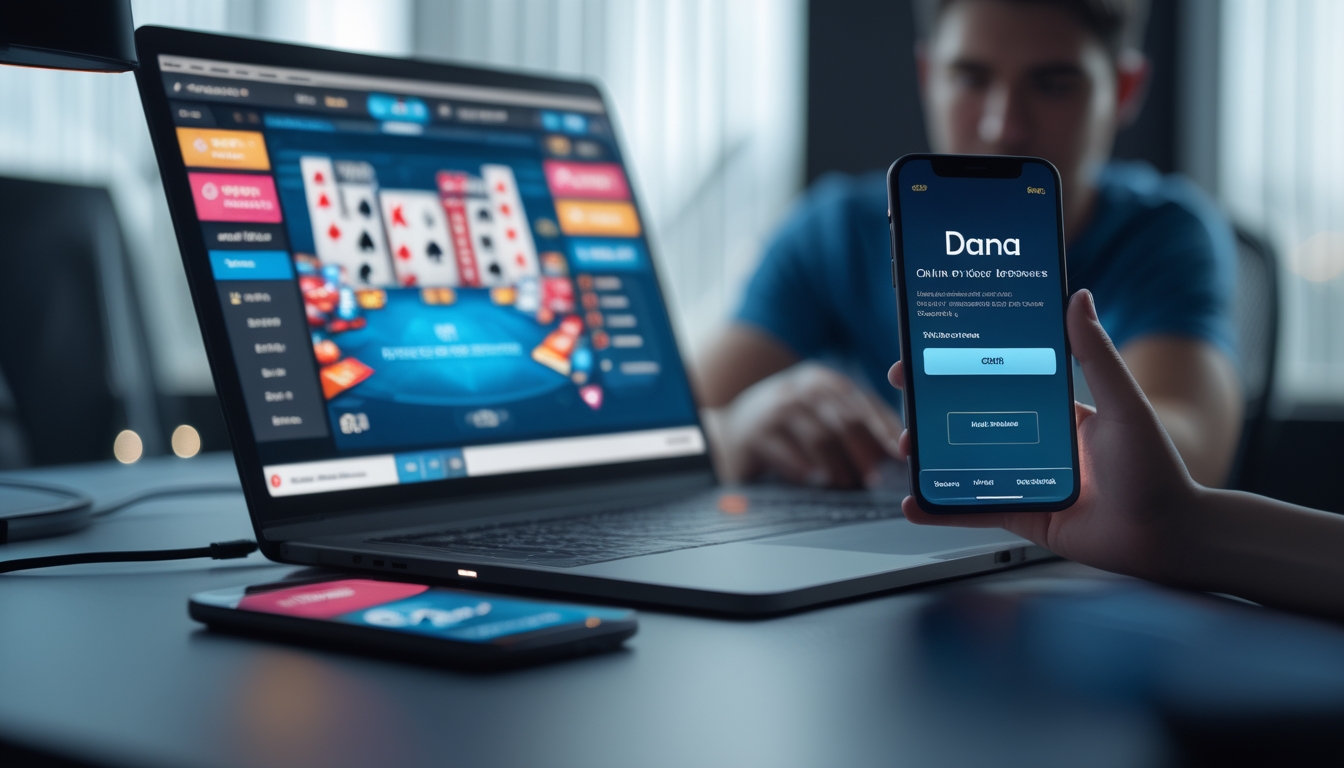 Seorang pemain muda menggunakan laptop dan ponsel untuk melakukan deposit poker online dengan Dana.