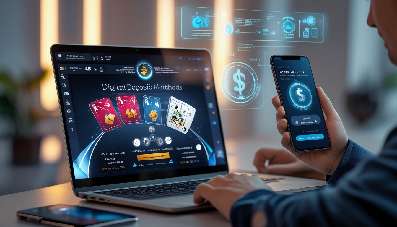 Seorang pemain poker online menggunakan laptop dan ponsel untuk melakukan deposit dana dengan antarmuka permainan poker dan aplikasi dompet digital terlihat.