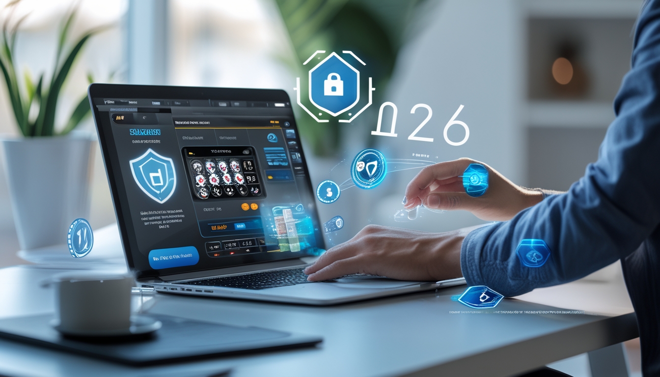 Tangan seseorang menggunakan laptop yang menampilkan permainan poker online dengan simbol keamanan dan konfirmasi pembayaran di layar.