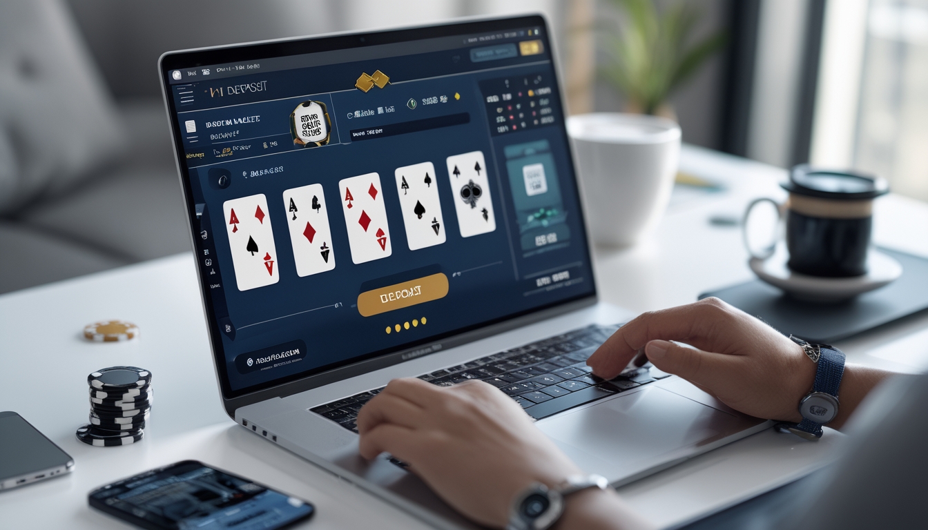 Seorang pemain poker online menggunakan laptop di meja kerja dengan chip poker dan kartu bermain terlihat di layar.