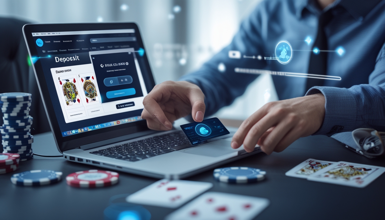 Seseorang menggunakan laptop dengan tampilan situs poker online dan konfirmasi pembayaran di ruang kerja modern.