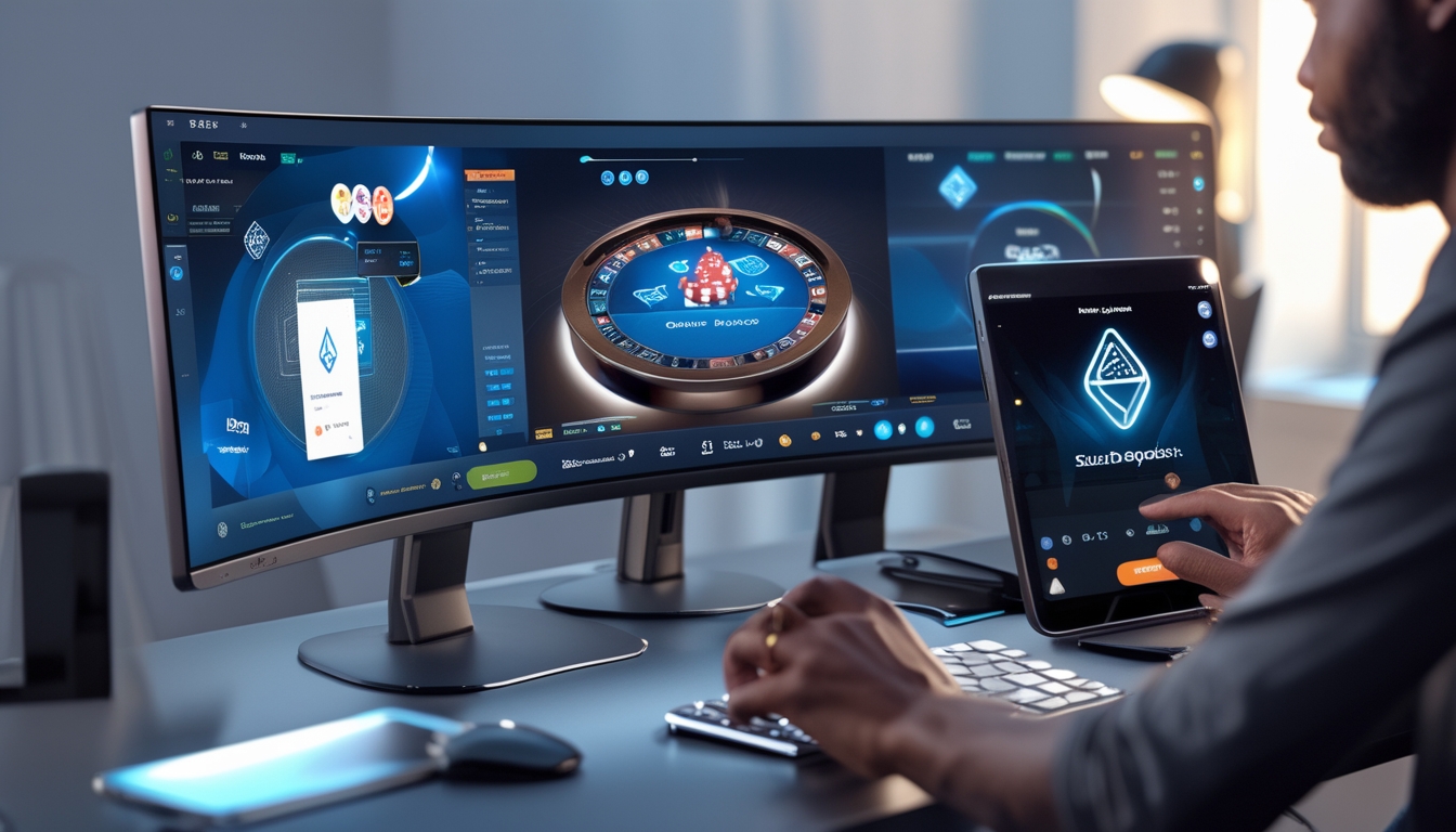 Seorang pemain menggunakan komputer dan perangkat mobile untuk bermain poker online dengan tampilan deposit Dana di layar.