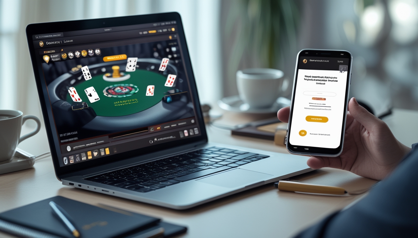 Seorang pria menggunakan laptop dan smartphone untuk melakukan deposit dana pada permainan poker online di sebuah meja kerja yang rapi.