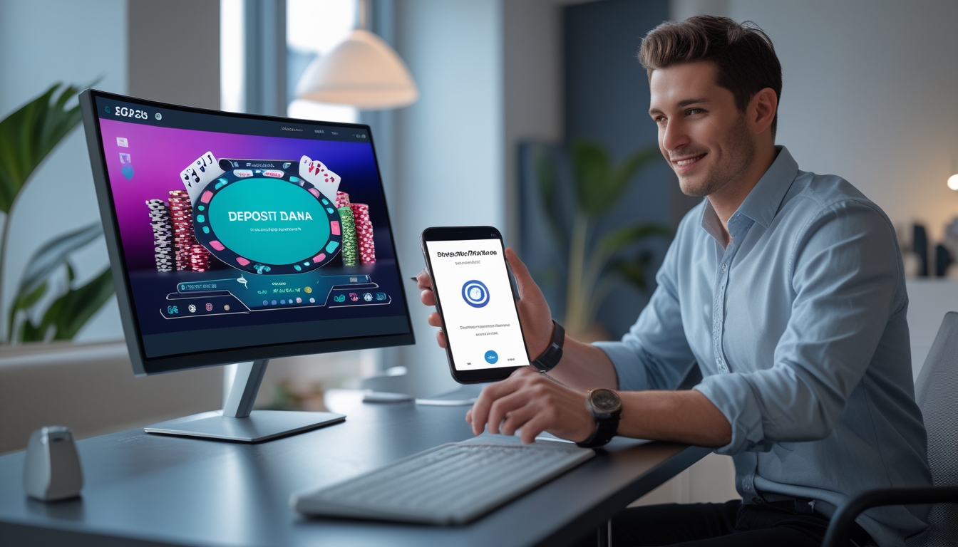Seorang dewasa muda menggunakan komputer dan ponsel untuk bermain poker online dan melakukan deposit Dana dengan mudah di ruang kerja modern.