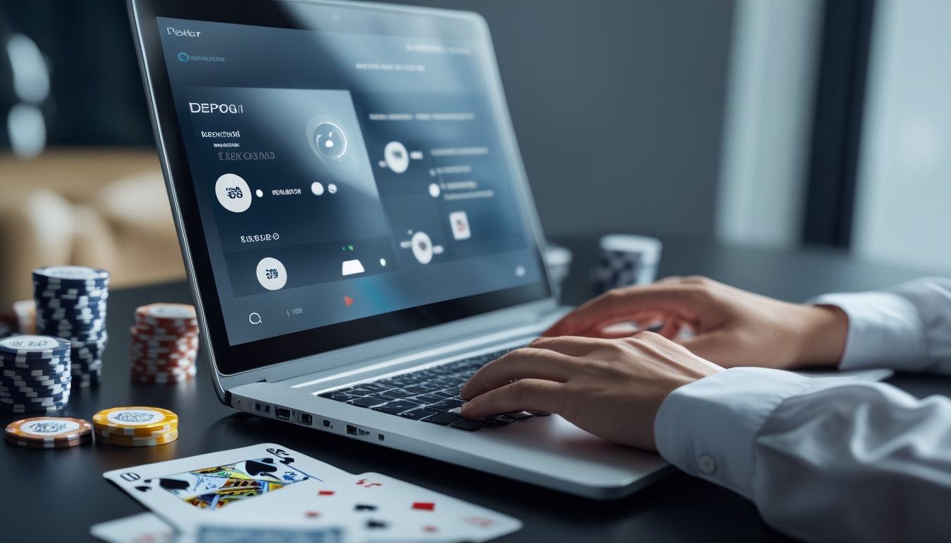 Seseorang menggunakan laptop dengan aplikasi dompet digital di layar, di meja terdapat chip poker dan kartu remi.