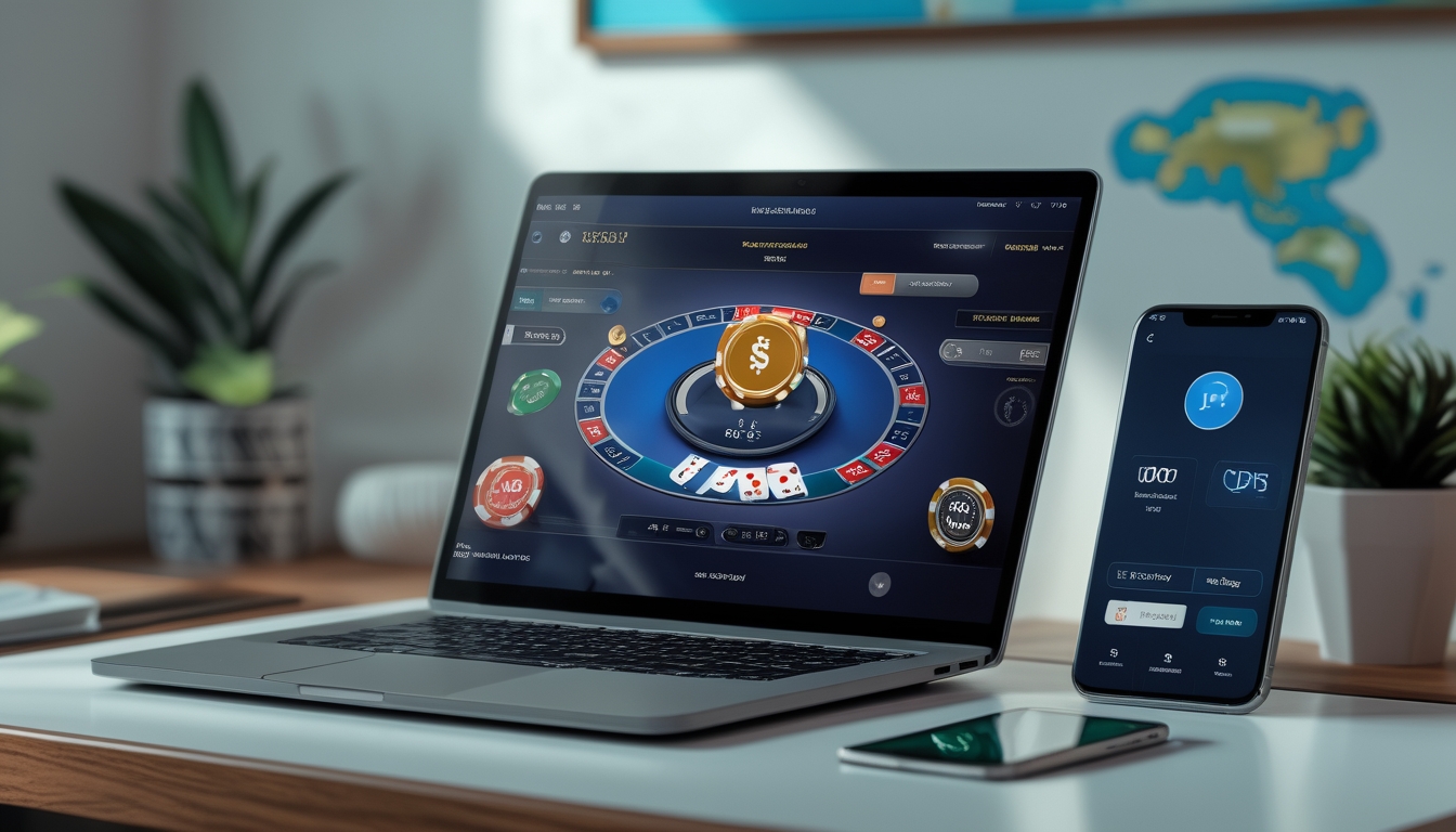 Seorang pemain poker online menggunakan laptop dan smartphone dengan latar belakang dekorasi batik kecil di ruangan yang terang.
