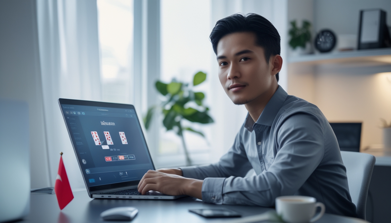 Seorang pria Indonesia duduk di depan laptop yang menampilkan permainan poker online di ruang kerja modern yang terang dan rapi.
