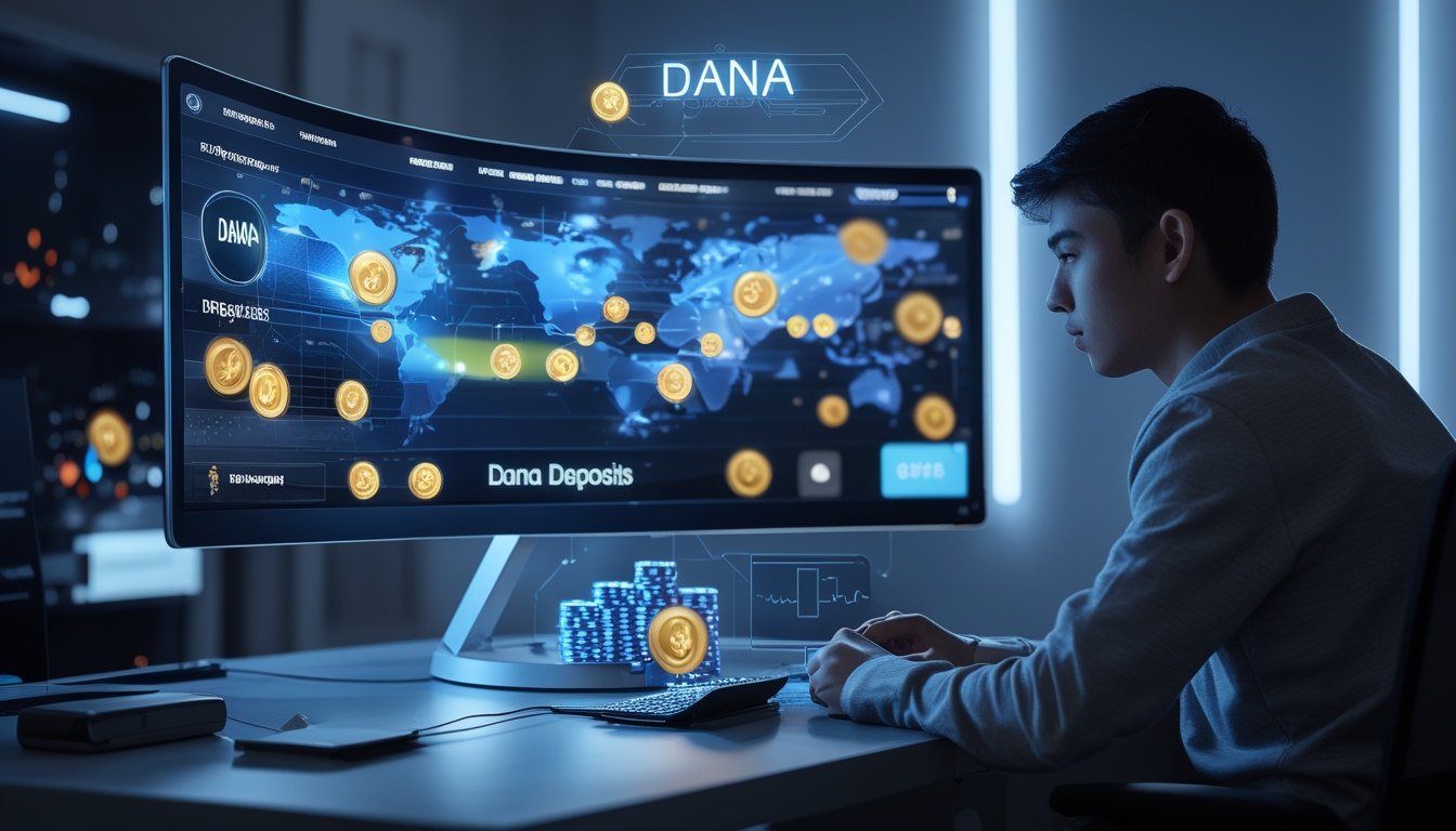 Seorang dewasa muda sedang bermain poker online di depan komputer dengan tampilan permainan poker dan simbol dompet digital di layar.