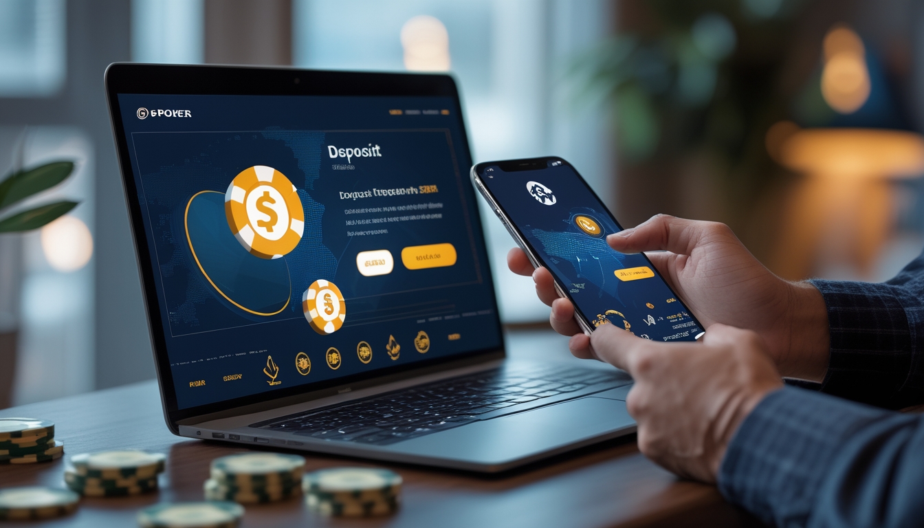 Seseorang menggunakan smartphone di depan laptop dengan layar menampilkan transaksi deposit poker online, di meja terdapat kartu dan chip poker.