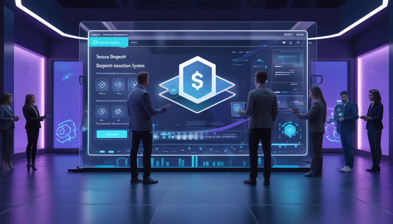 Orang-orang menggunakan sistem poker online dengan layar sentuh digital dan suasana ruangan modern dengan pencahayaan biru dan ungu.