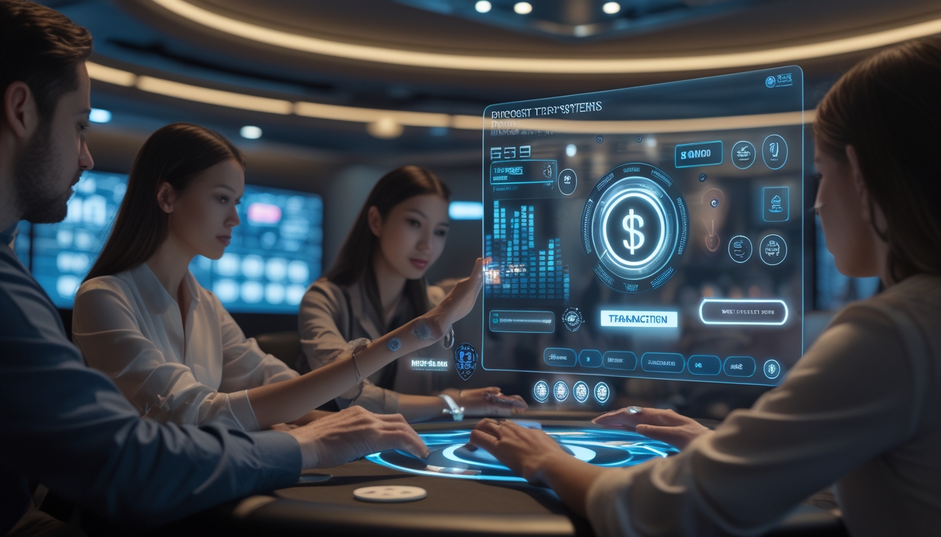 Beberapa orang sedang menggunakan antarmuka digital futuristik untuk melakukan deposit dana dalam permainan poker online di sebuah ruangan poker modern.