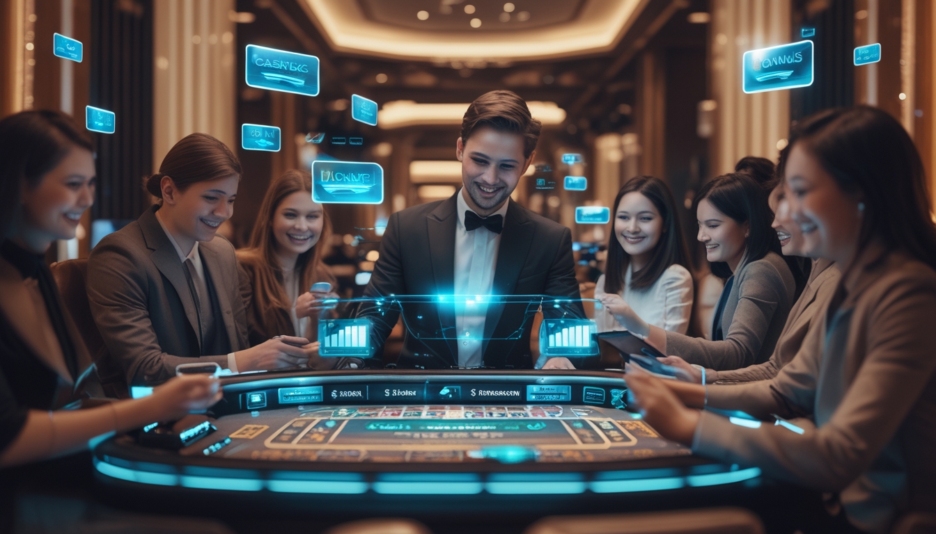 Suasana kasino langsung dengan dealer dan pemain menggunakan perangkat digital, menunjukkan konsep bonus cashback.