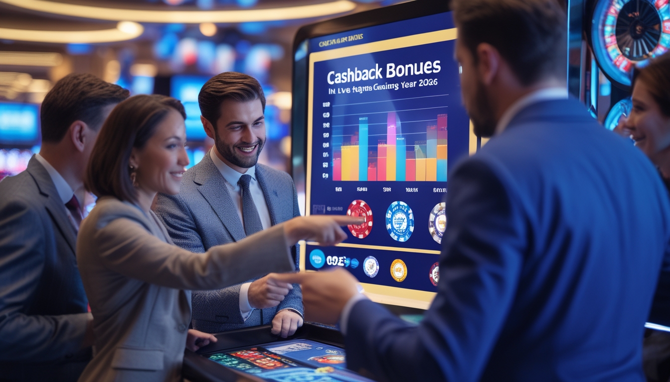 Beberapa orang dewasa sedang melihat dan membahas grafik perbandingan bonus cashback di kasino langsung dengan latar belakang elemen kasino seperti chip dan kartu.