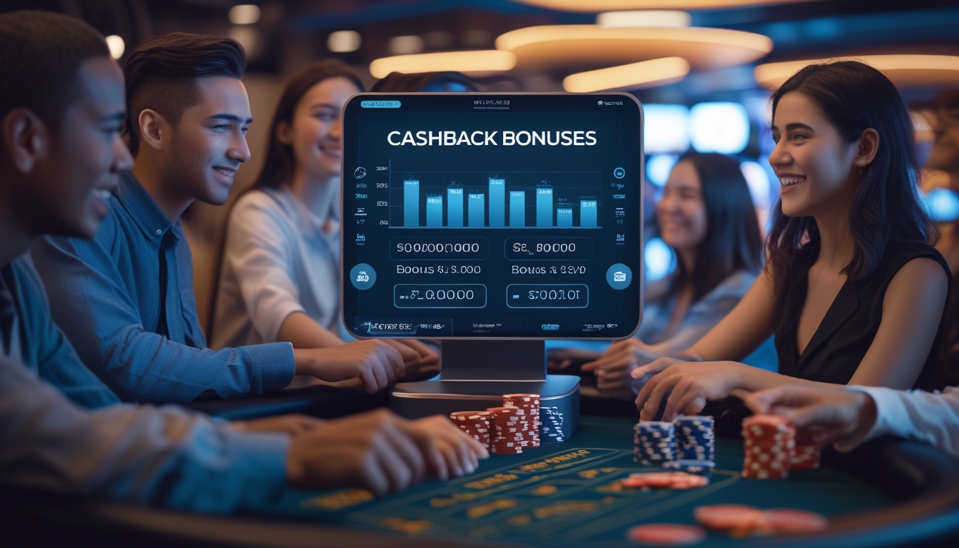 Beberapa orang muda sedang melihat layar digital yang menampilkan perbandingan bonus cashback di kasino langsung tahun 2026 dengan latar belakang elemen kasino seperti chip dan kartu.