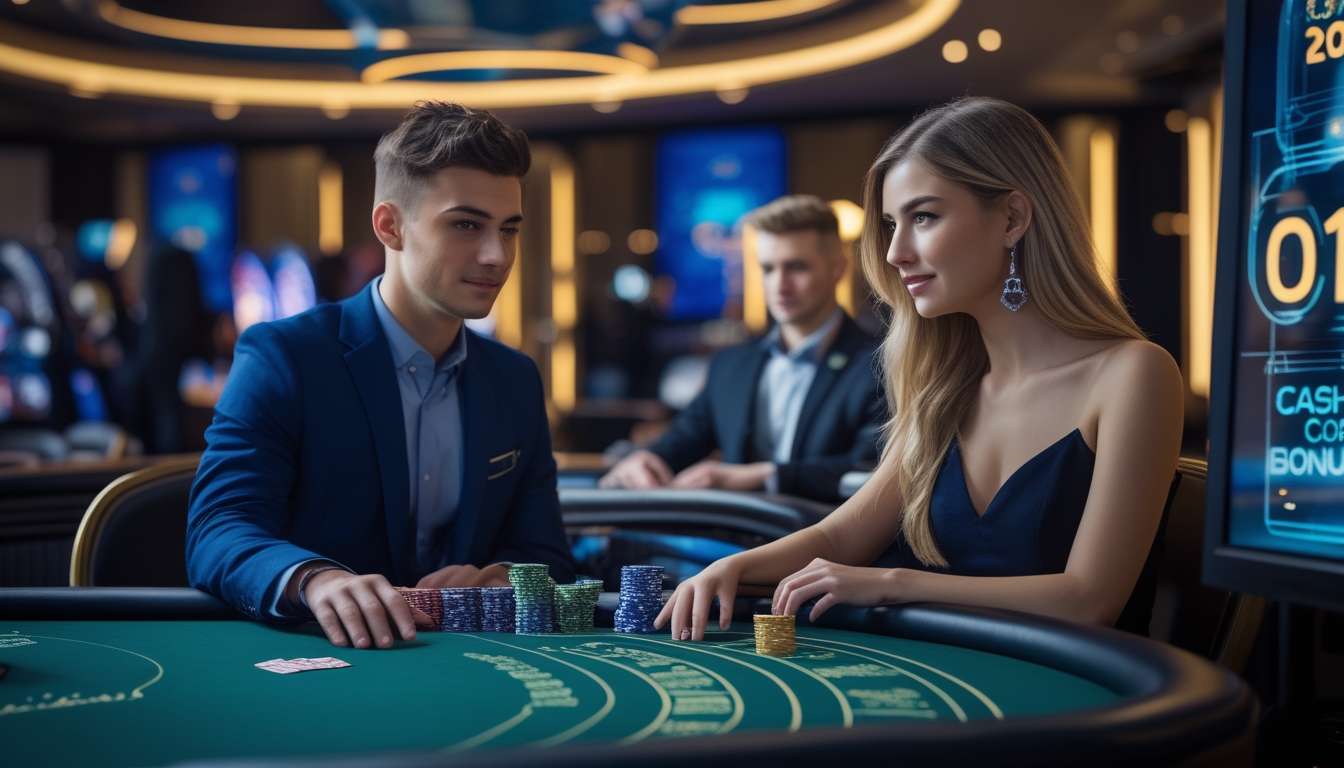 Dua pemain muda duduk di meja kasino live dengan dealer, terlihat fokus dan serius bermain sambil menggunakan strategi untuk mengurangi risiko kekalahan.