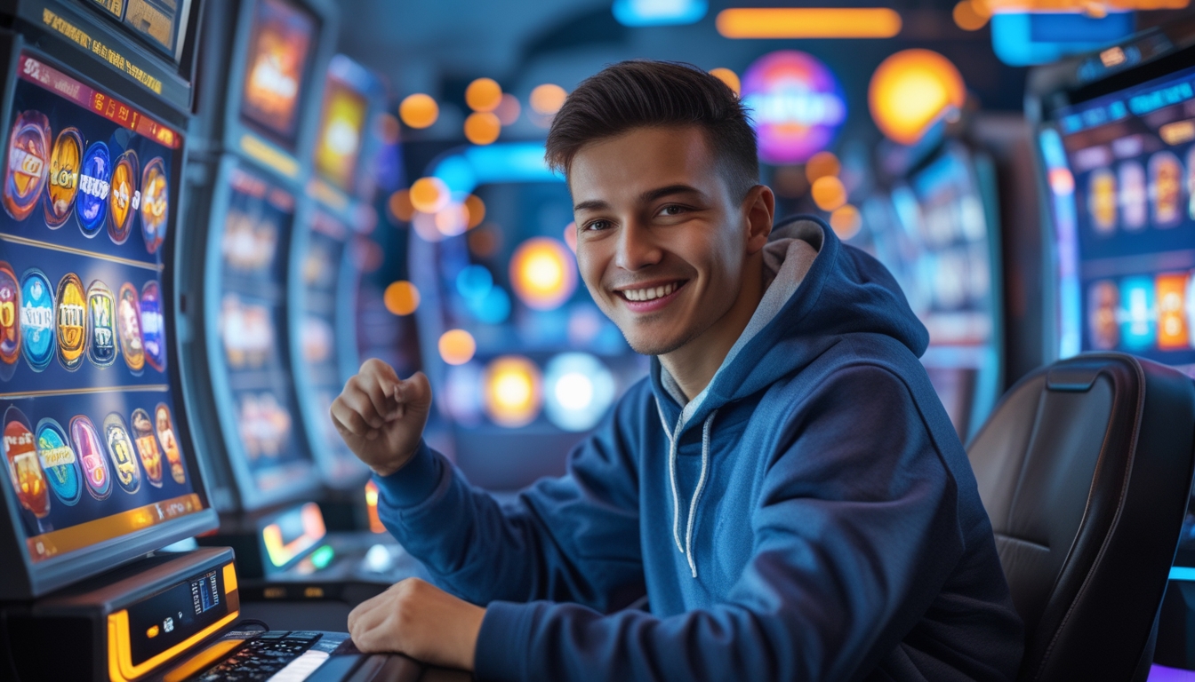 Seorang pemain muda yang antusias duduk di depan beberapa layar komputer dengan permainan slot online yang berwarna-warni dan dinamis.