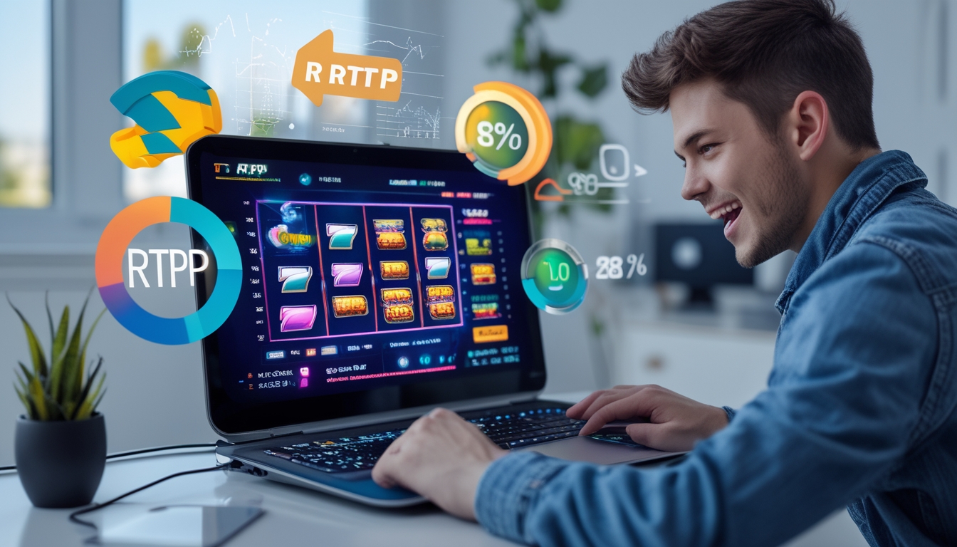Seorang pemain muda sedang bermain slot online di komputer dengan tampilan grafik dan simbol RTP tinggi di layar.