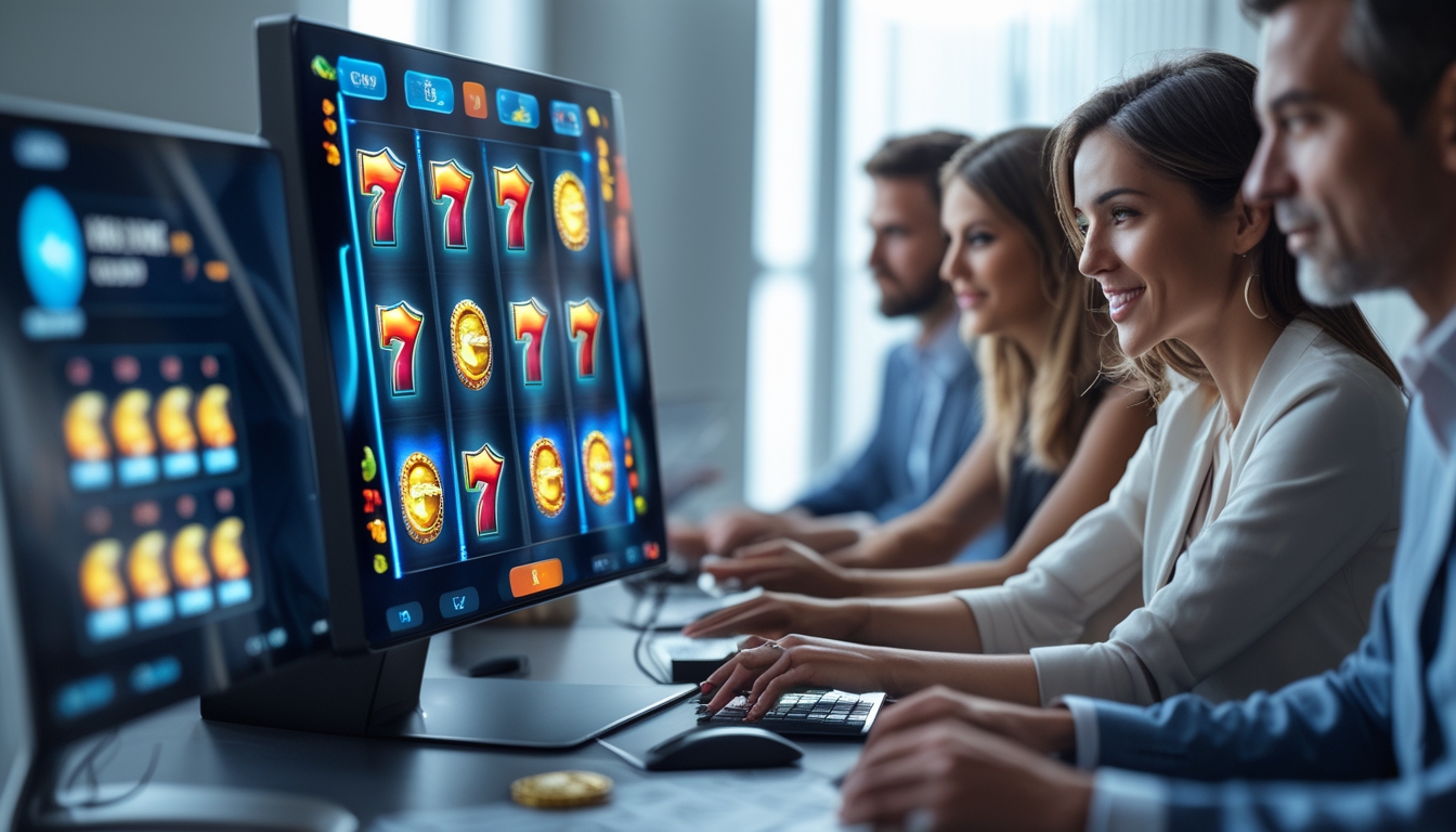 Beberapa orang dewasa fokus bermain mesin slot online di layar komputer dengan simbol warna-warni di ruangan modern.