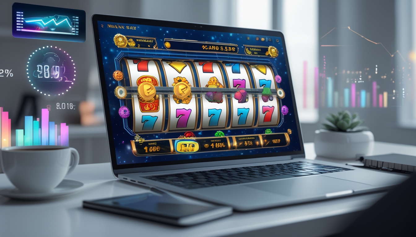 Seorang pengguna sedang melihat layar komputer yang menampilkan mesin slot online dengan simbol berwarna-warni dan grafik data di sekitarnya di ruang kerja yang rapi.