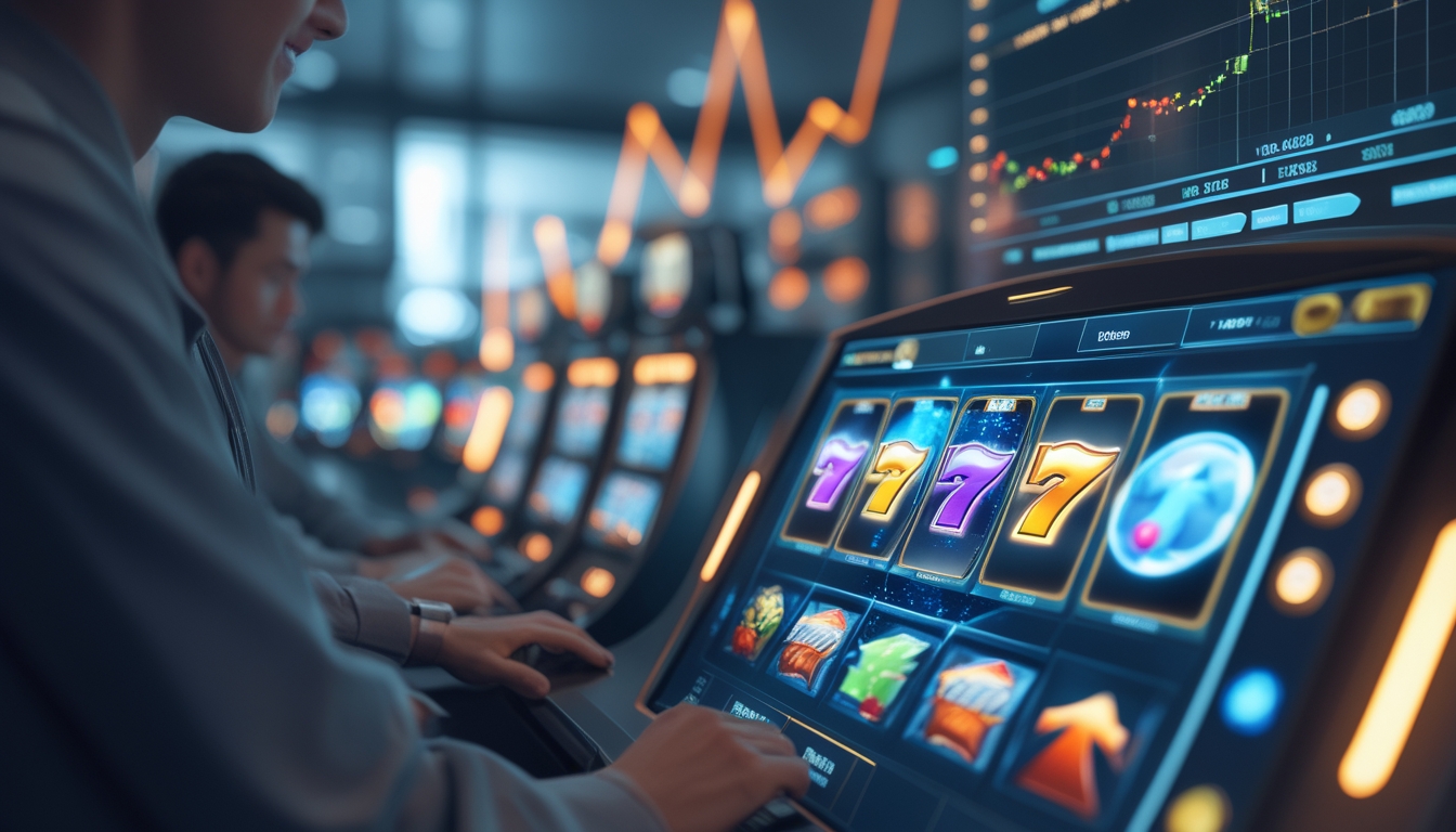 Seorang pria menggunakan layar sentuh besar dengan tampilan mesin slot online berwarna-warni dan grafik yang menunjukkan persentase RTP tinggi.