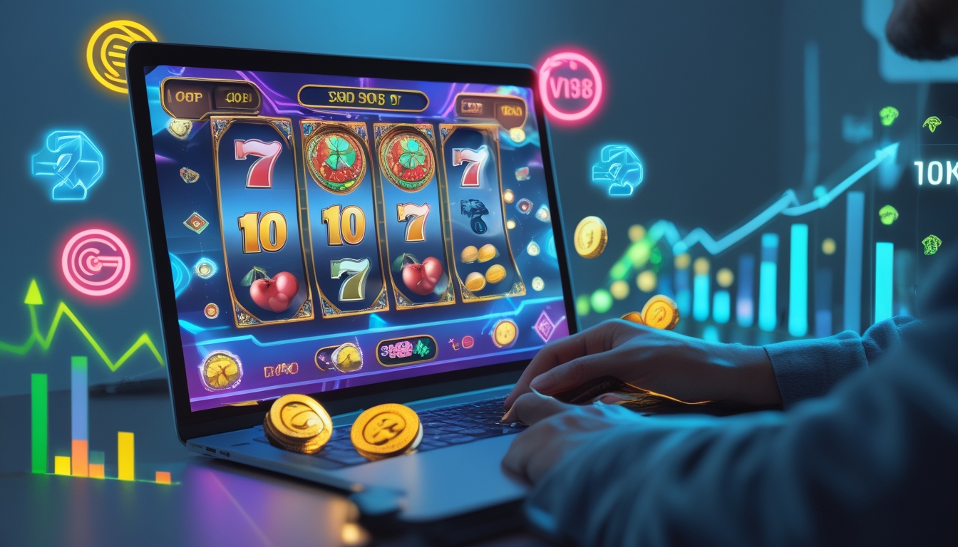 Seseorang menggunakan komputer dengan layar menampilkan mesin slot digital berwarna-warni dan grafik statistik RTP tinggi.