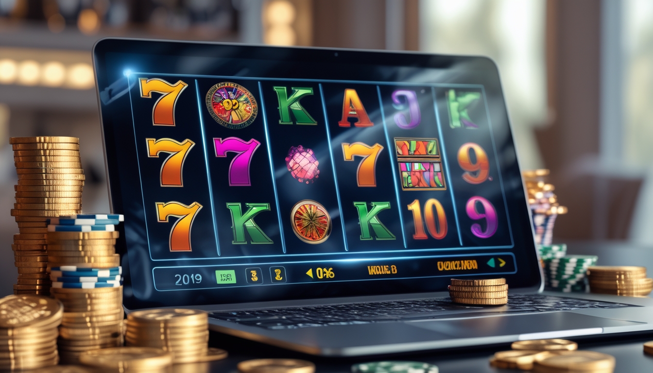 Sebuah perangkat digital menampilkan layar mesin slot online dengan simbol warna-warni dan koin di sekitarnya.