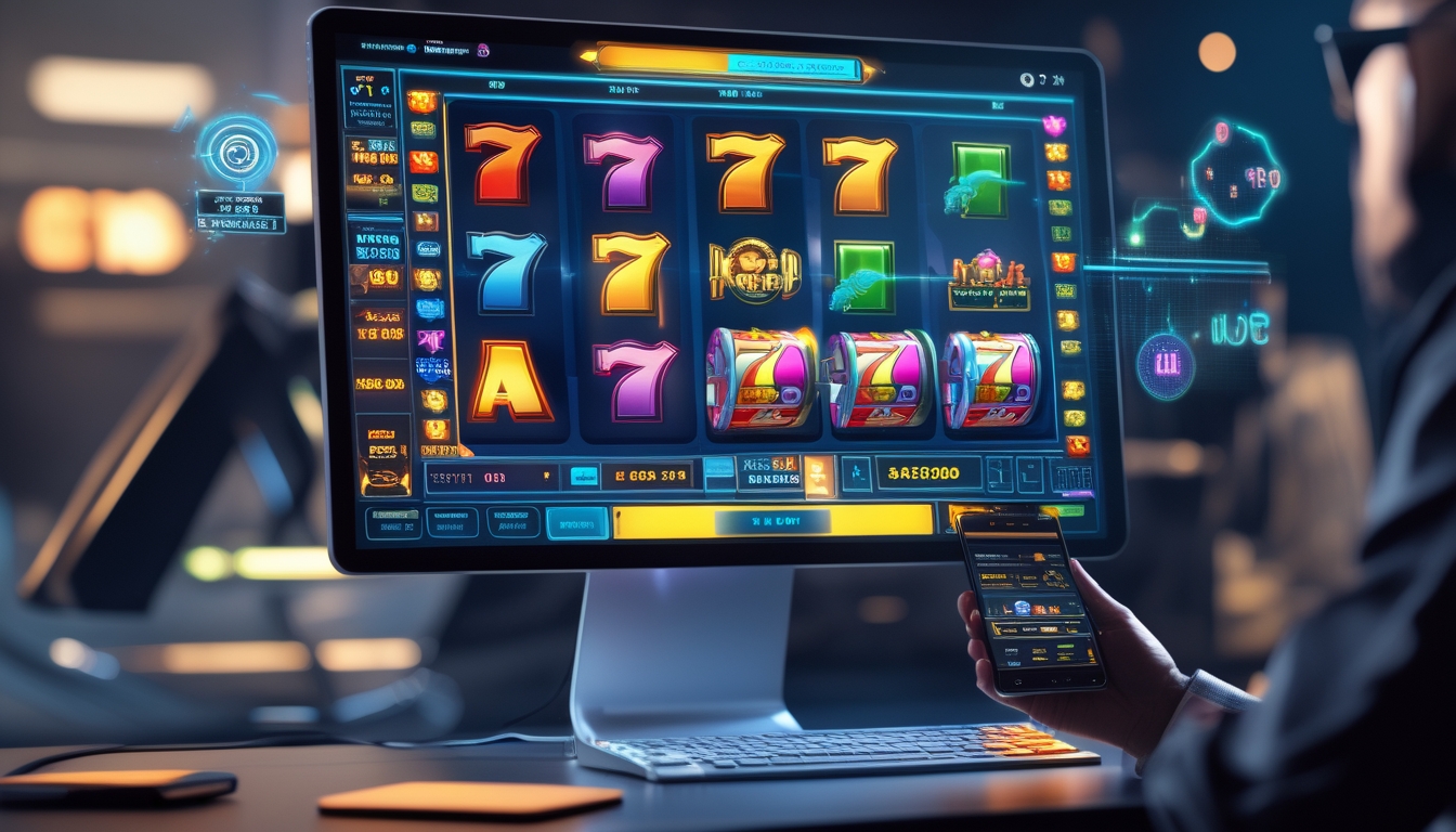Seorang pemain sedang menggunakan komputer dengan permainan slot online yang menampilkan gulungan berwarna cerah dan grafik RTP di layar.